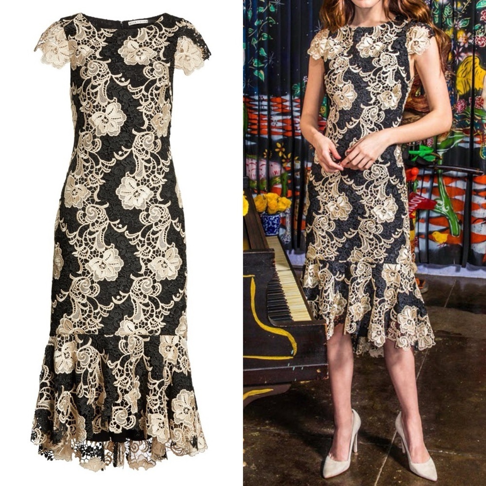 Alice + Olivia Cleora Fitted Black and Cream Lace Midi Dress - 0